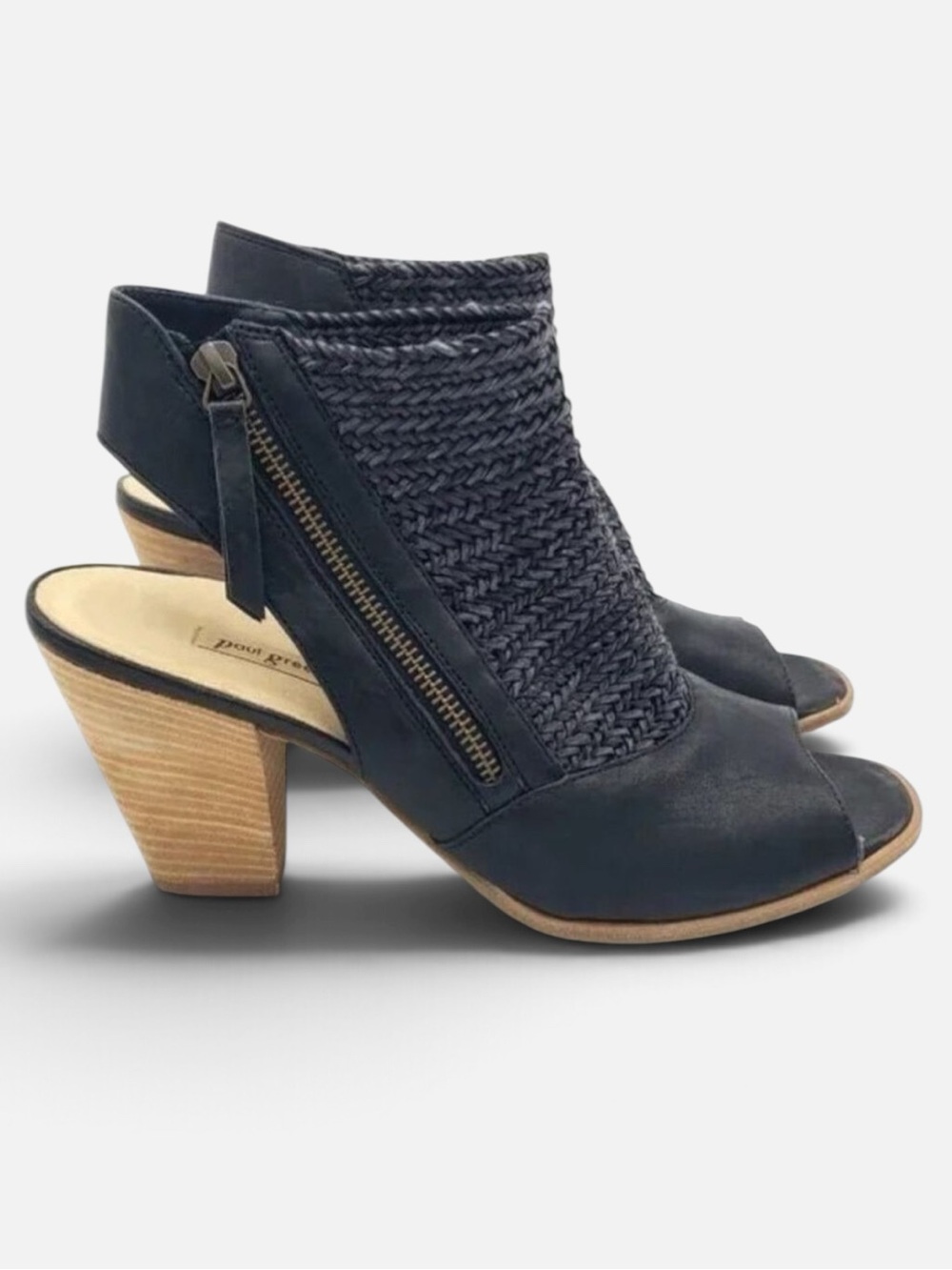Paul Green Leilani Black Woven Leather Peep Toe Slingback Heels 8.5